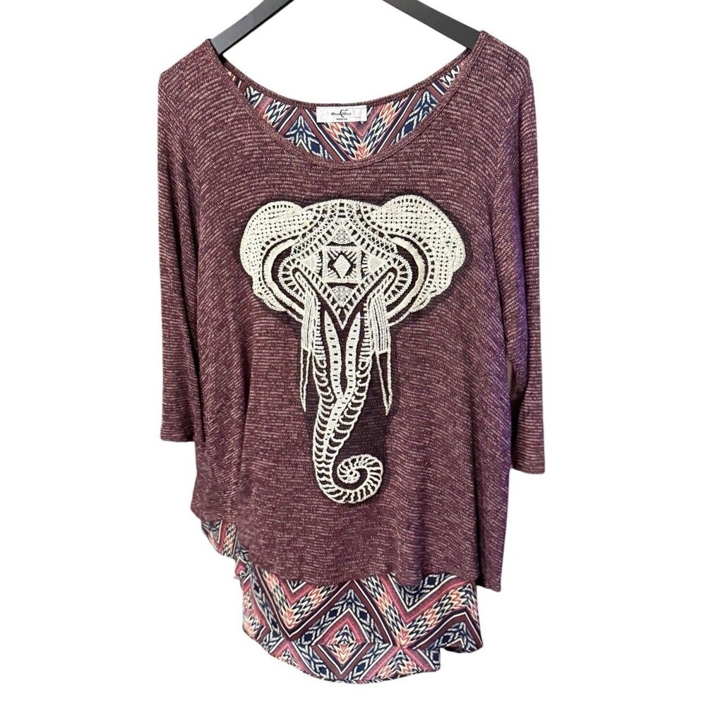 Moa Moa Woman 2XL Elephant Embroidered Tunic Top Boho Layered 3/4 Sleeve